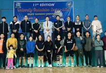 Research scholar pair lift 11th university badminton league trophy